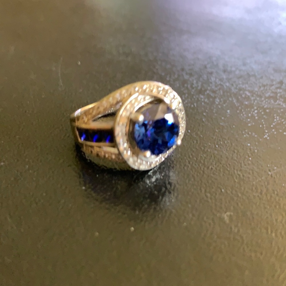 CZ sapphire blue, CZ accent sterling silver ring.